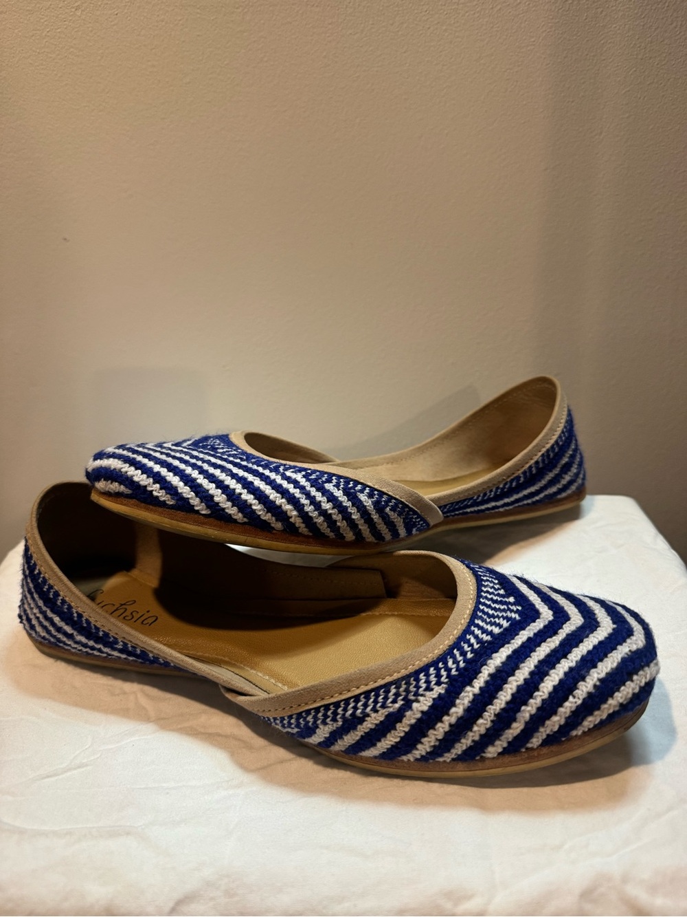 Fuchsia Peplum Flats Woven Blue & White Chevron Pattern Upper Resort Wear Luxury